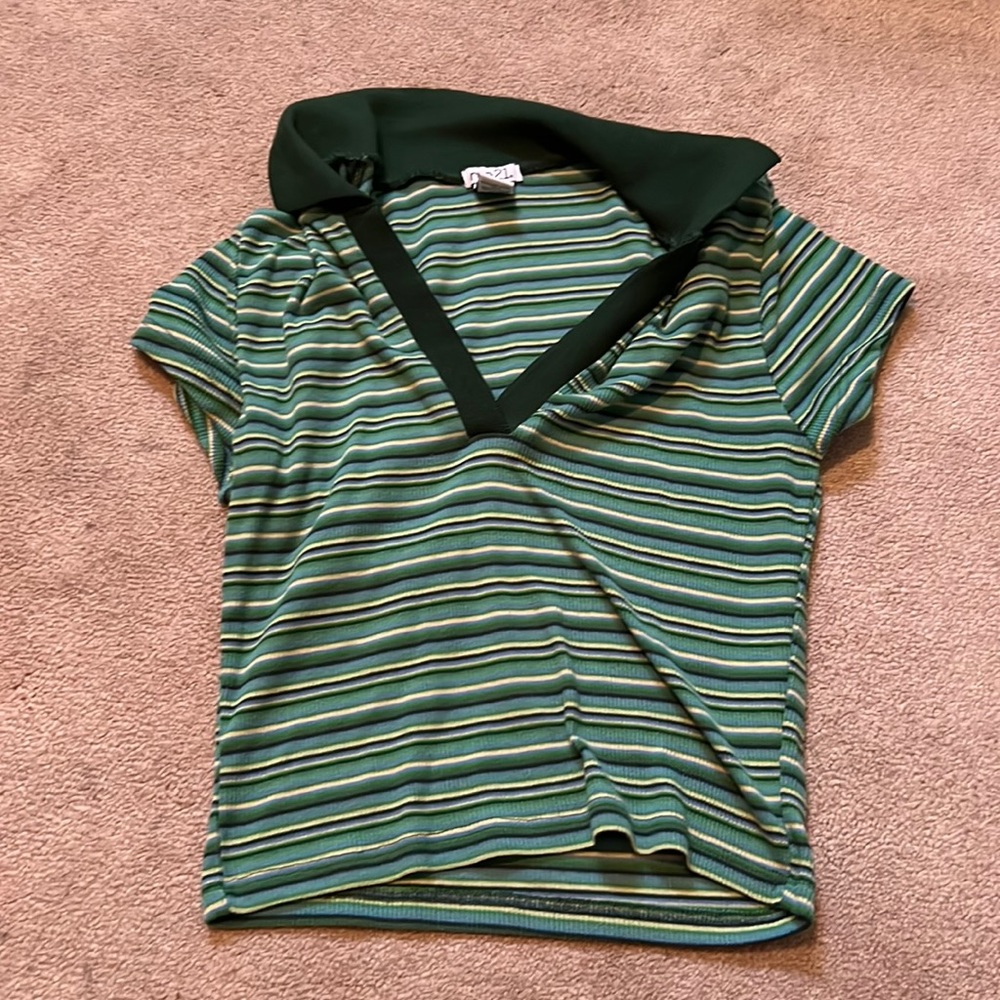 Another Rue21 top that’s a cropped polo that’s dark green, green, yellow, navy